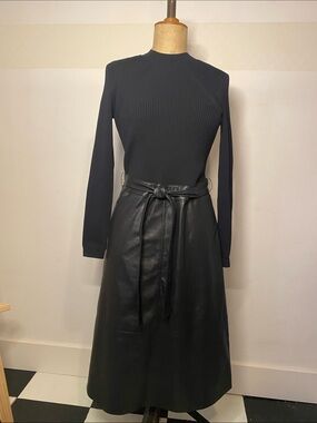 Ted Baker London Black Knit & Faux Leather Belted Midi Dress w/ Pockets Size 3